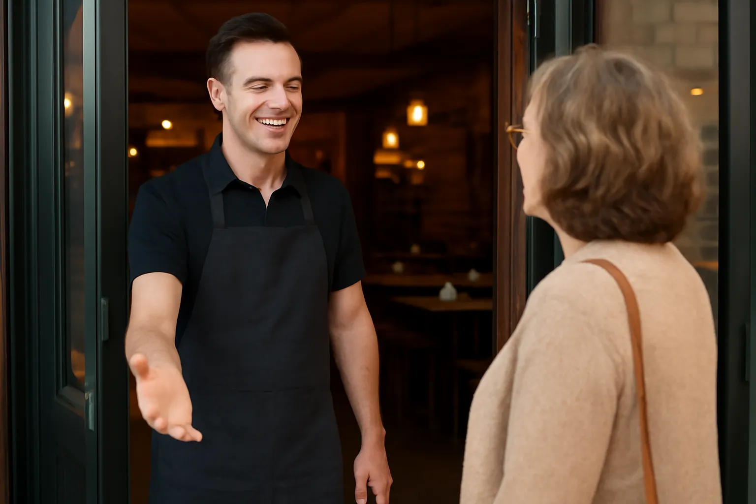 Nhân viên chào một khách quen bước vào quán