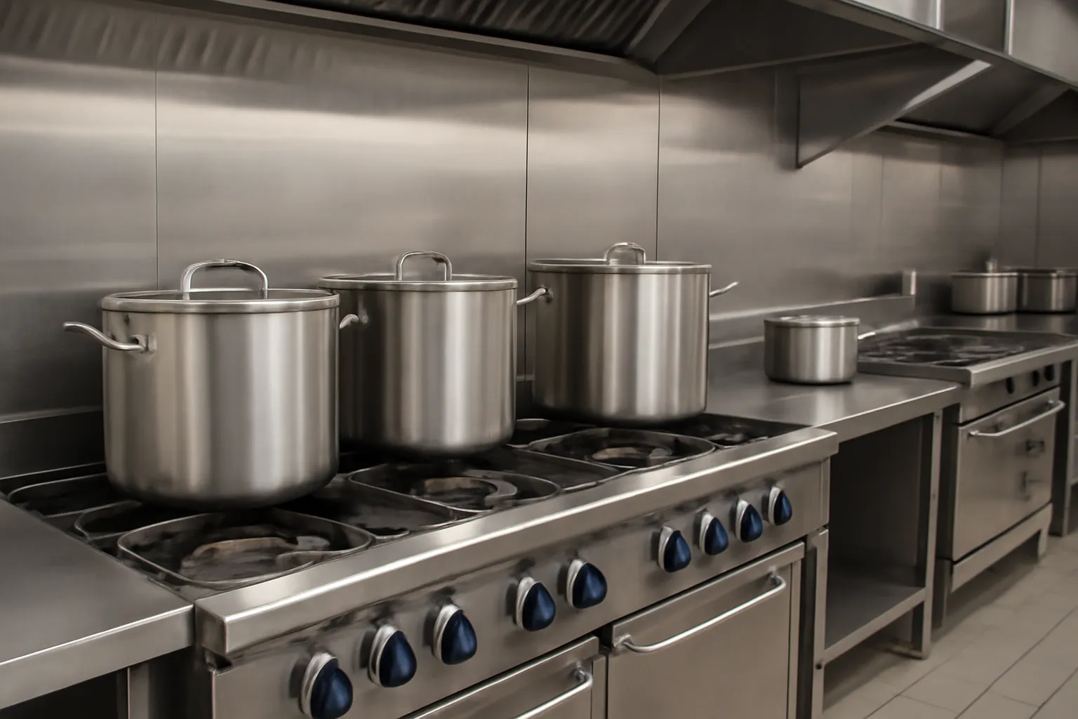 Khu bếp công nghiệp với bếp inox và nồi lớn