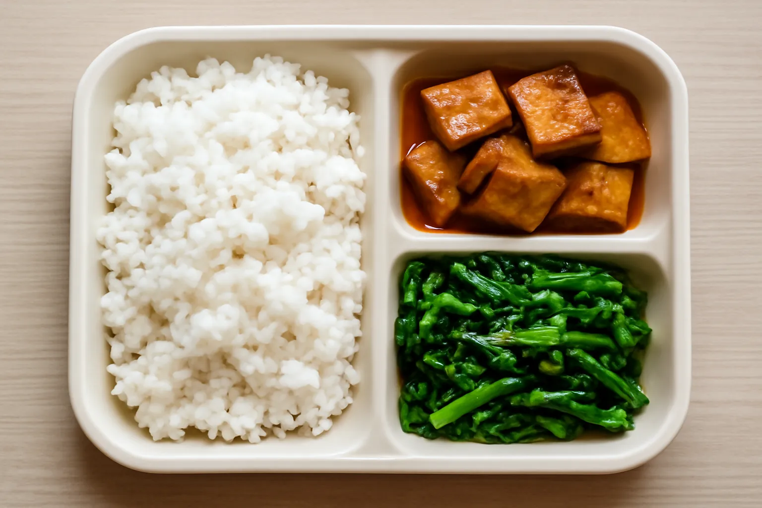 Khay cơm chay chia ngăn với cơm, món mặn chay và rau