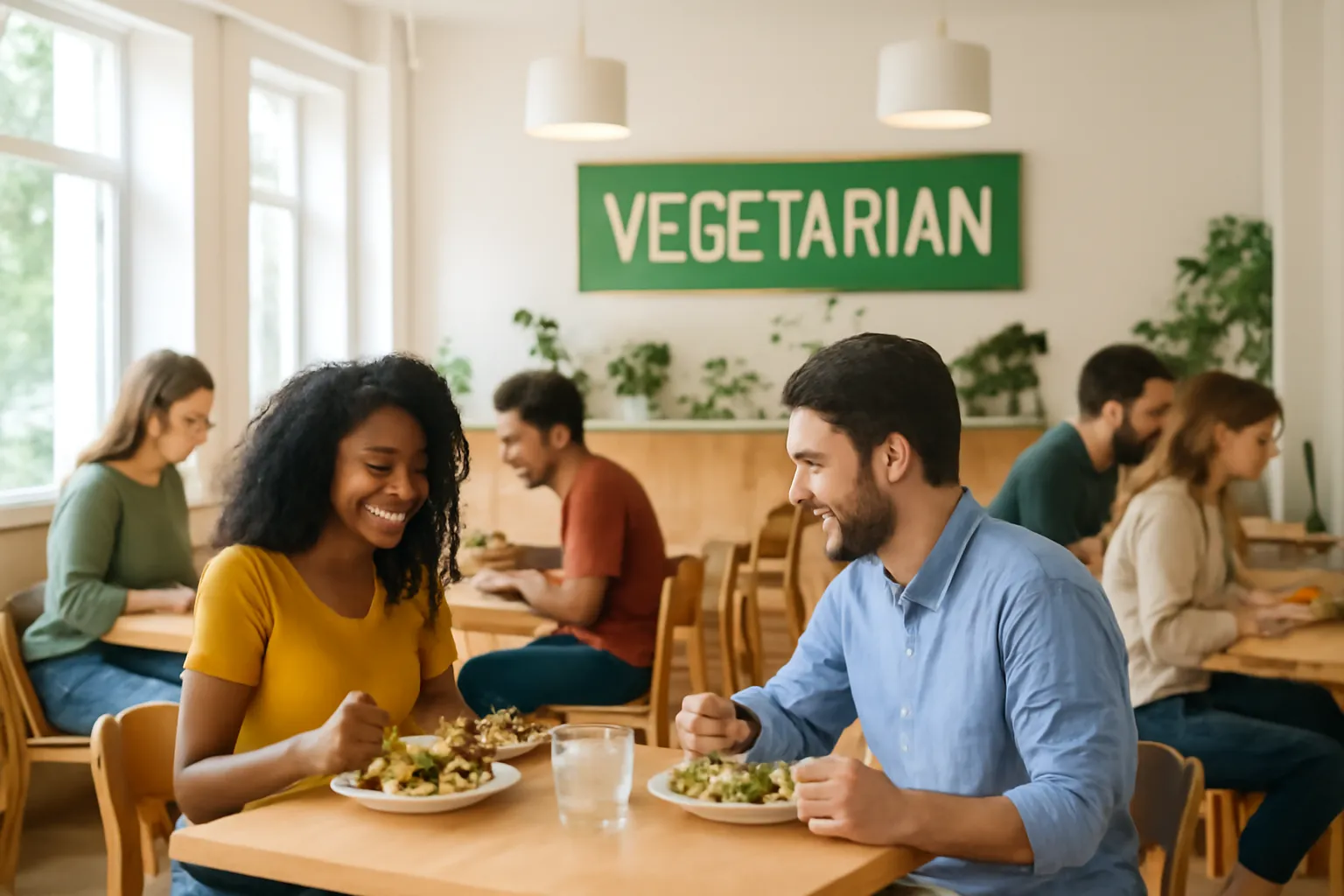 Khách ngồi ăn tại bàn trong quán chay giờ trưa